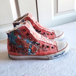 Ed Hardy Coral and Teal High-Top Sneakers